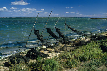Filets de pêcheurs, Etang de l’Or,  Mauguio, Etangs de Mauguio, Hérault,  Languedoc,