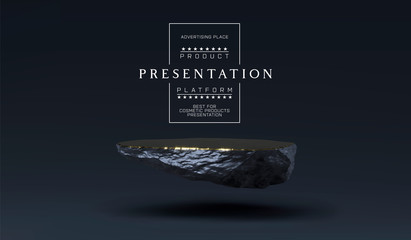 Vector stone podium for product presentation display. Marble black and gold Pedestal, Product Stand. Blank for mockup design. Minimalistic object placement, cosmetic product stone plate platform.