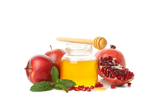 Apples, pomegranate and honey isolated on white background. Natural treatment - Powered by Adobe