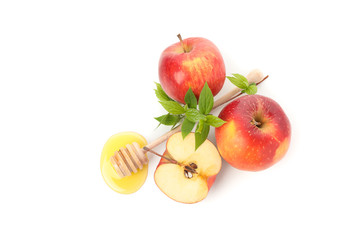 Apples and honey isolated on white background. Natural treatment