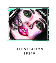 Fashionable illustration, girl face close-up with bright makeup. Beautiful brunette women with bangs. Sketch illustration suitable for printing on textiles and so on. Vector illustration.