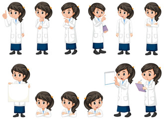 Girl in science gown doing different poses on white background