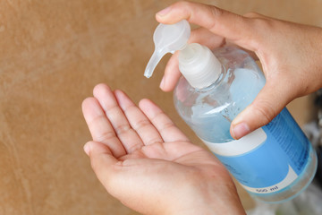 Hand of woman that applying alcohol gel to make cleaning and clear germ, bacteria, Health care concept. using alcohol gel clean wash hand sanitizer anti virus bacteria dirty skin care.