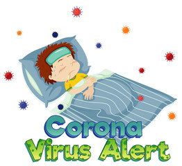 Poster design for coronavirus theme with sick boy in bed