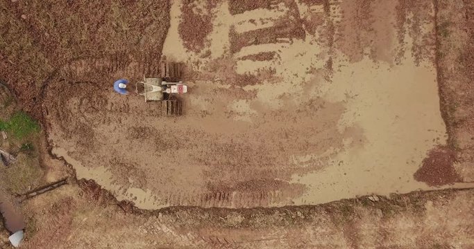 Man cultivating rice crop with small tracktor