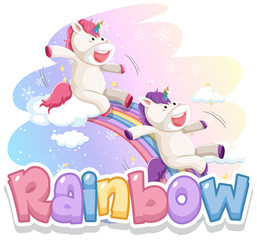 Obraz na płótnie Canvas Font design for word rainbow with two unicorns on the rainbow