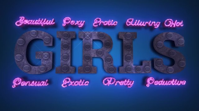 Realistic 3D render of a vivid and vibrant animated flashing led sign for an adult club depicting the words Girls, with a brick wall background