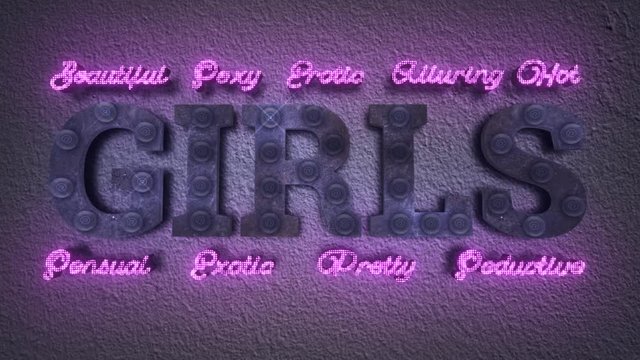 Realistic 3D render of a vivid and vibrant animated flashing led sign for an adult club depicting the words Girls, with a white wall background