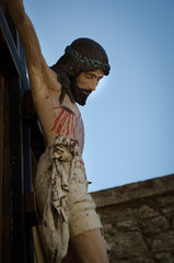 Erice, Sicily, Italy, 2014 -Statue of Jesus crucified during an Easter procession in Sicily in Erice. Misteri Erice
