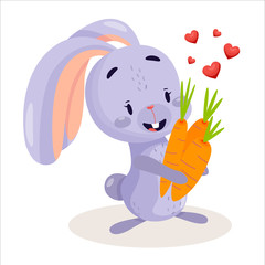 Vector flat rabbit loves his carrots on white background. Cute bunny with carrots and hearts.