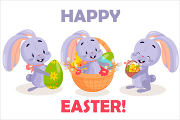 Vector flat easter rabbits . Stock vector easter card with cute bunnys.