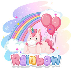 Font design for word rainbow with cute unicorn and pink balloons