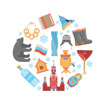 Cartoon Russian Traditional Items Round Design Template. Vector