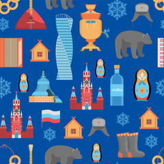 Cartoon Russian Traditional Items Seamless Pattern Background. Vector