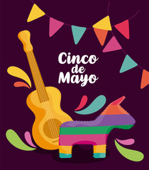 guitar with donkey pinata, label cinco de mayo
