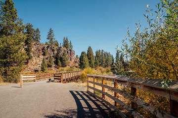 Pedestrian path and bridge in park in Sun River, Oregon