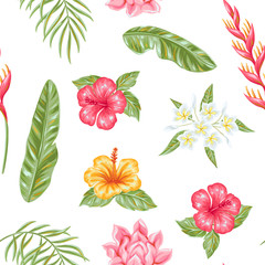 Seamless pattern with tropical flowers and leaves.