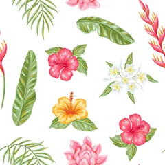 Fototapete Tropische Pflanzen Nahtloses Muster mit tropischen Blumen und Blättern.