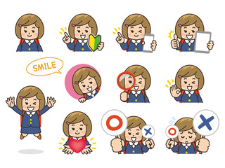 小学生の女の子バリエーション　初心者マーク　スマートフォン　タブレット　虫眼鏡　ハート　まるばつクイズ