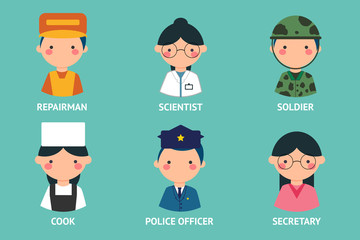 Jobs and occupations. Careers in vector. Career in a cute style.