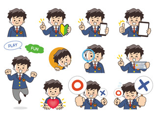 高校生の男子バリエーション　初心者マーク　スマートフォン　タブレット　虫眼鏡　クレジットカード　ハート　まるばつクイズ