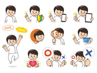 看護師の男性バリエーション　初心者マーク　スマートフォン　タブレット　虫眼鏡　クレジットカード　ハート　まるばつクイズ