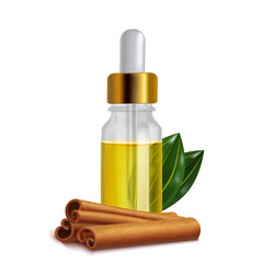 Cinnamon Oil Bottle with Sticks and Leaves in Realistic Style