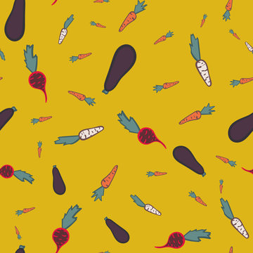 Carrots, parsnips, beetroots, eggplans seamless vector pattern. Food themed surface print design. Great for fabrics, stationery and packaging.