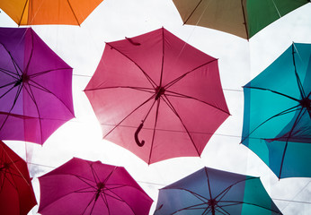 Multicolor of umbrella in sunny day,overhead,colorful background