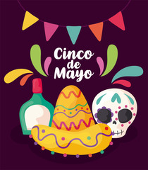 label cinco de mayo, hat with skull and tequila