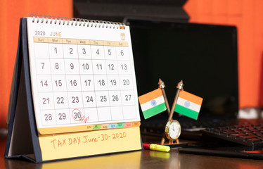 Tax day or deadlines for filing income tax return in india on june 30 marked as reminder in calendar