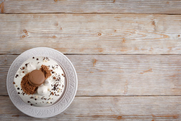 Easter cake on wooden background top view flat lay.