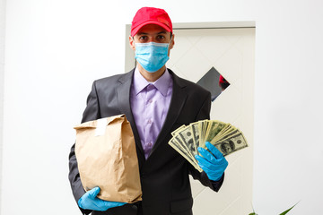 food delivery man Wearing Medical Mask. Corona Virus Concept
