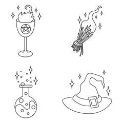 Black line art. Digital draw. Sparkles. Magical witchcraft. Transparent icon, isolated on white background. Vector EPS 10.