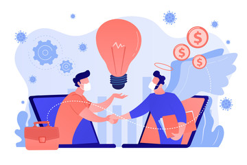 Entrepreneurship during covid-2019 pandemic quarantine, new online business idea funding. Angel investor, startup financial support, business help concept. Coral blue vector isolated illustration