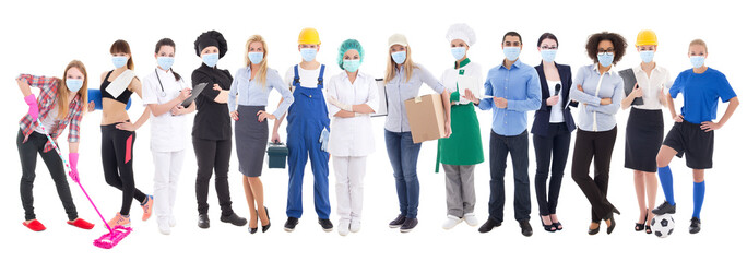 coronavirus, pandemic, health care and unemployment concept - set of different people in protective mask isolated on white