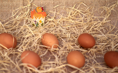 Chicken eggs top view. Happy Easter Day.