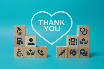 Medical care, medicine, illustration. Still life blue background. Thank you text