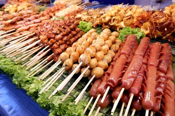 Halal fried food with sticks, Thai style food, Thailand street food, Bangkok