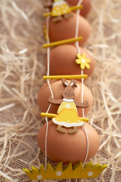 Chicken eggs top view. Happy Easter Day. Easter bunney.