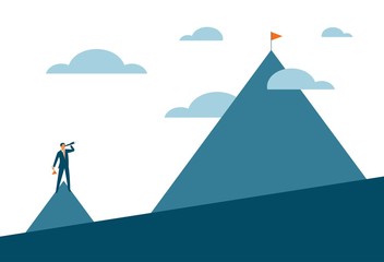 Career success or business mission motivational poster.Businessman on the top of the mountain looking at a supreme goal. Concept for new opportunities, growth, progress, success and leadership.