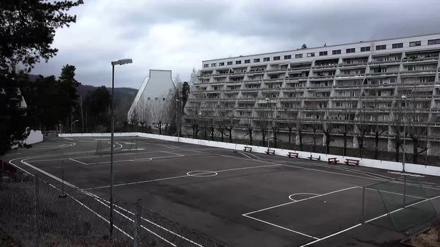 empty gloomy football field due to coronavirus pandemic, Oslo, Norway