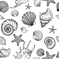 Seamless pattern with seashells, corals and starfishes. Marine background.  Perfect for greetings, invitations, manufacture wrapping paper, textile and web design.