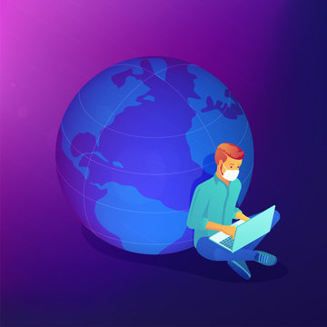 Isometric Social Distancing And Self-isolation Outsource Job During Covid-19 Global Pandemic Abstract Concept. International Cooperation, Distance Home Working Vector 3D Isometric Illustration.