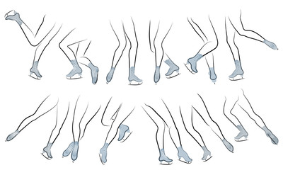 Collection. Silhouette of beautiful slender female legs in skates. Girl gymnast, lady dancing, figure skating. Vector illustration set
