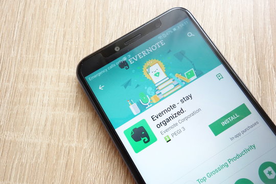 KONSKIE, POLAND - JUNE 17, 2018: Evernote - stay organized app on Google Play Store website displayed on Huawei Y6 2018 smartphone