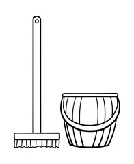 Cartoon style mop with brush and bucket for cleaning in black lines on white background