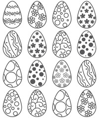 Coloring book. Hand drawn. Adults, children. Black and white. Set of Easter eggs.