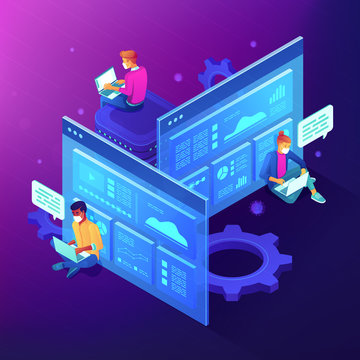 Team Members Working Online On Laptops Among Global Coronavirus Quarantine. Isometric Teamwork, Synergy, Collaboration And Partnership Concept On Ultraviolet Background. Vector 3d Illustration.