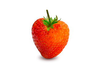 Two strawberries close up on white background.